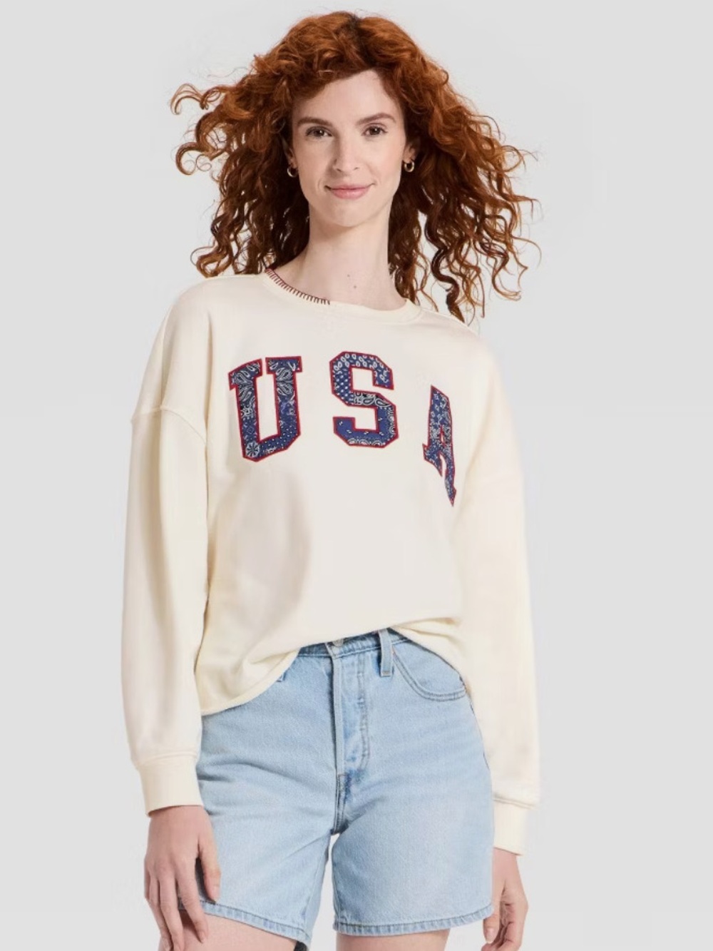 Universal Thread Women Americana Pullover Sweatshirt Cream USA Bandana Appliqué